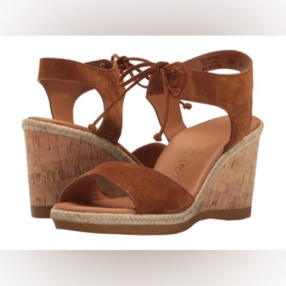 Paul Green Melissa Cognac Suede Wedge Sandals 8.5 Cork Platform - Picture 2 of 15